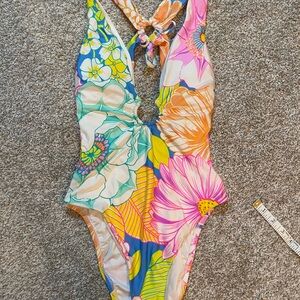 Floral One Piece Swimwear with High-Cut Design & Gold Accents